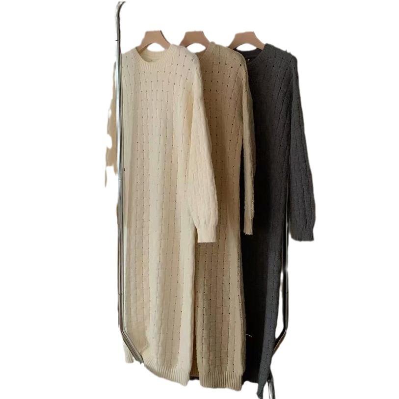 Crew Neck Plaid Solid Color Sweater Long Dress Women's Loose and Lazy Autumn and Winter New Knitted Bottoming Dress