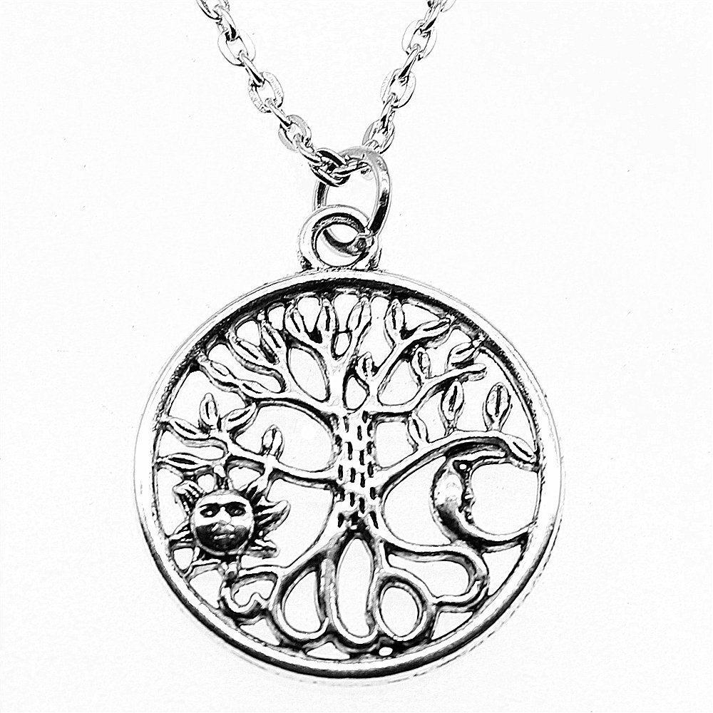 Vintage Rose Flower Charm Necklace Tree Of Life Pendant Antique Jewelry 43cm Chain