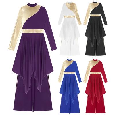 Women Liturgical Dance Performance Costume Long Sleeve Asymmetrical Hem Contrast Color Dress with Metallic Patchwork Wide-Leg Pants
