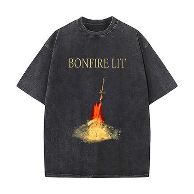 Dark Souls מדורה אמנות גרפי רטרו שטוף שרוול קצר רפוי Streetwear חולצות ל חופשות קיץ