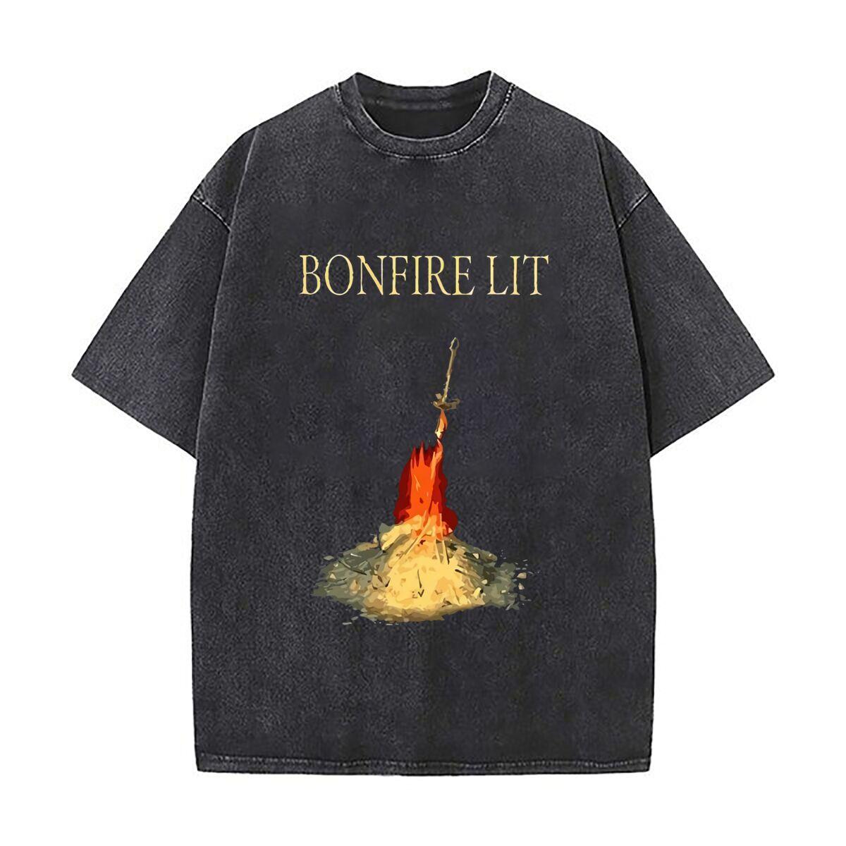 Dark Souls Bonfire Art Graphic Retro Washed Short Sleeve Baggy Streetwear Tops for Summer Vacations S