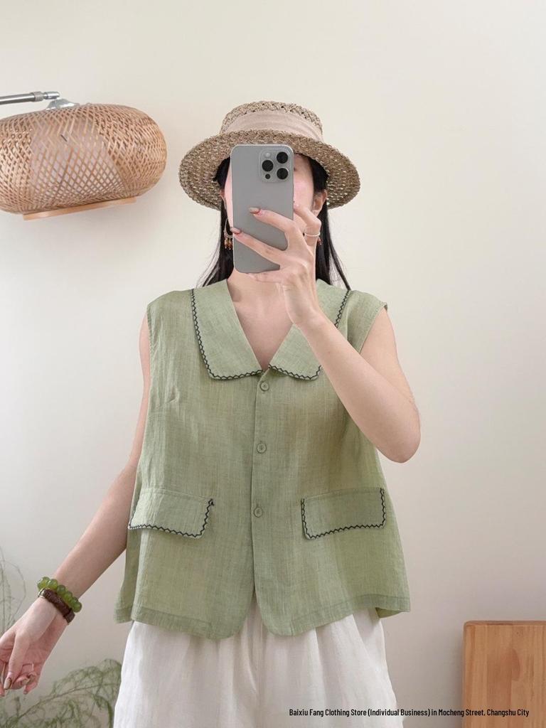 Linen Sleeveless Retro Lapel Blouse with Pocket - Women's Solid Color Summer 2026 Vest