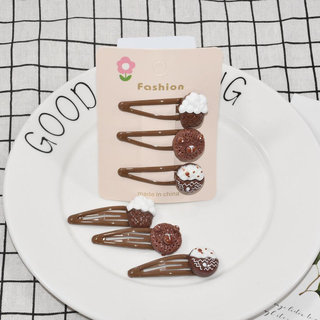 5.5cm/2.17in 3Pcs Coffee Hair Clips For Women Cute Cookie Cake Bangs Side Clip Simulated Food Girls Accessories
