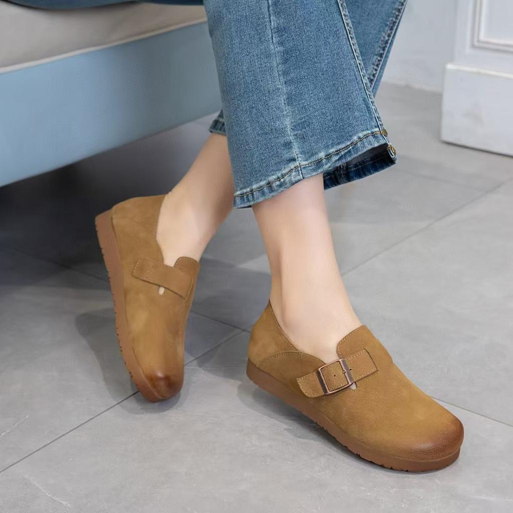 Genuine leather women's first layer cowhide new thick-soled belt buckle soft-soled toast single shoes retro