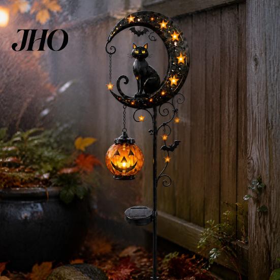 Hanging Pumpkin Halloween Decor Solar Garden Stake Light, Metal Black Cat & Moon Waterproof Crescent Pathway Lights Decorations for Lawn Patio