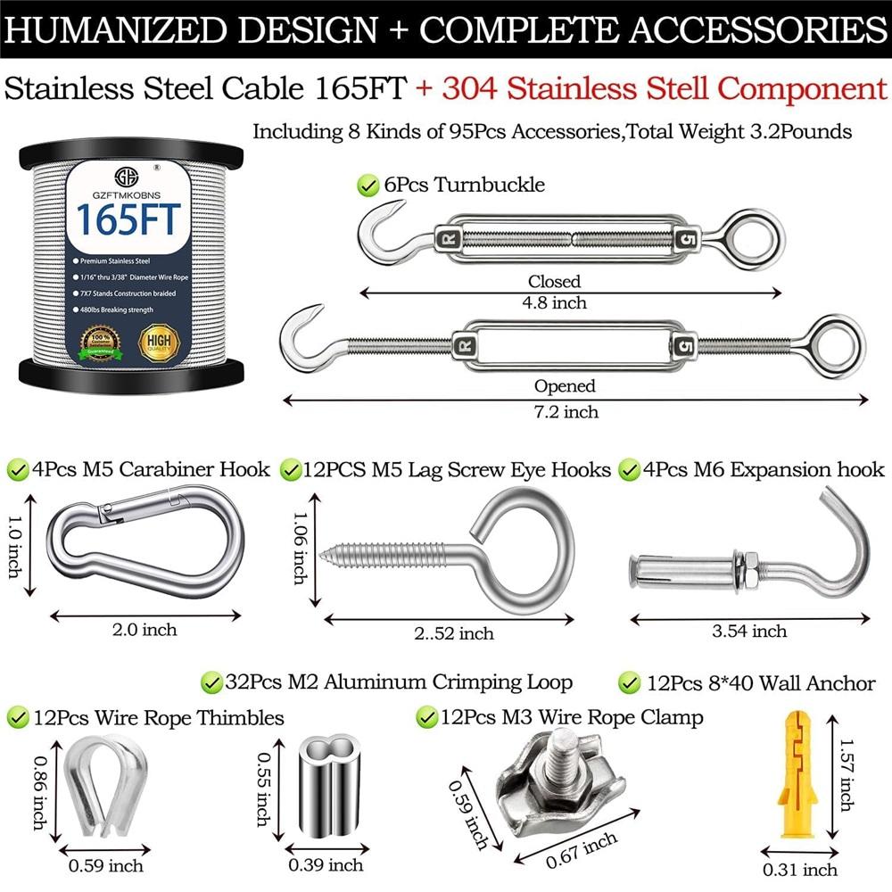 2MM Garden Steel Cable for Climbing Plants, 50 Meters Heavy-Duty 304 Stainless Steel Wire Rope Kit, with M5 Tension Bolt Wire Tensioner