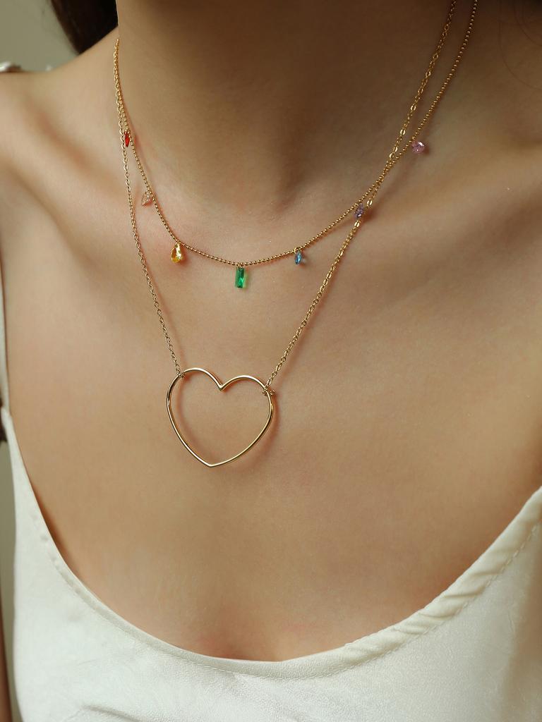 1 Pieces Hundred Personalised Fashion Stainless Steel Inlaid Colourful Zirconia Exaggerated Heart Necklace