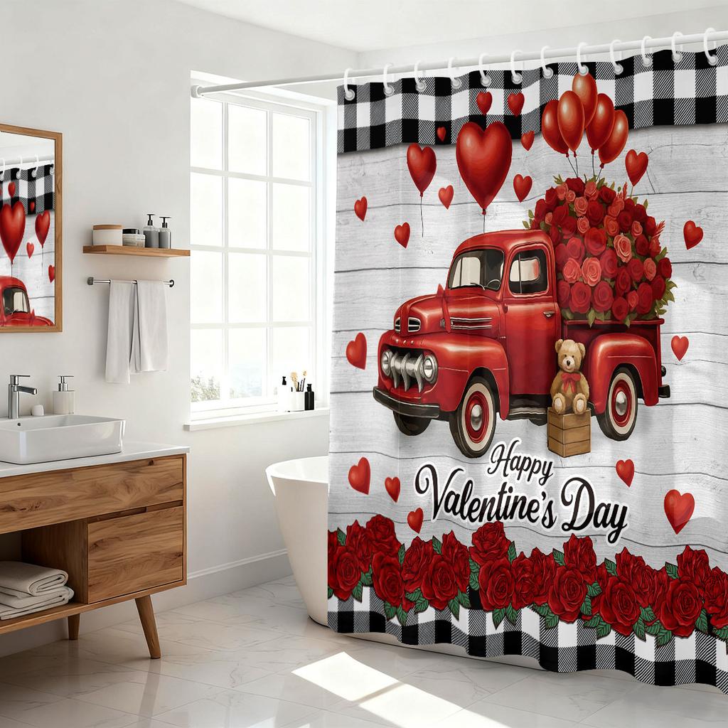 1pc Valentine's Day Red Romantic Car Printed Waterproof Privacy Shower Curtain with 12 Hooks Multi Sizes Easy Installation