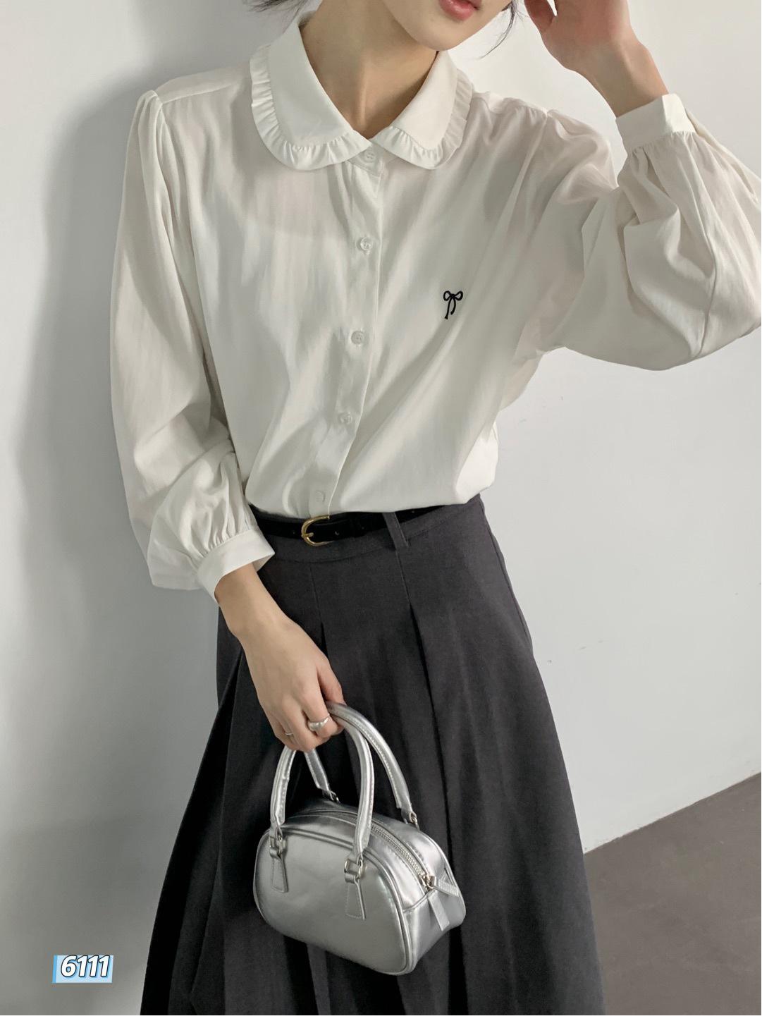 

Elegant Doll Collar Embroidered Bow Tie Loose Long Sleeve Women s Top for Spring One Size (80-140) белый