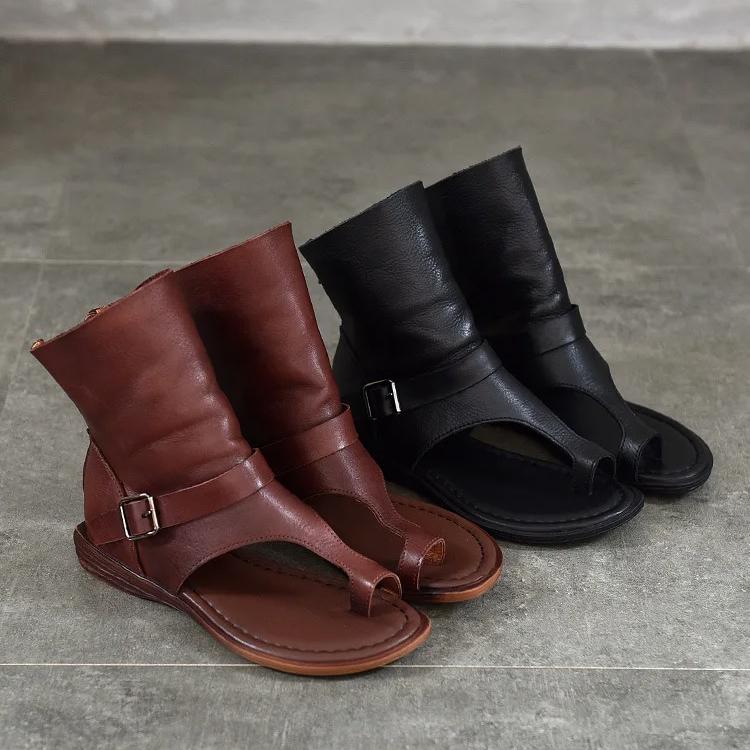 Johnature Women'shoes Roman Sandals Fashion Versatile Flat Genuine Leather Peep Toe Short Boots