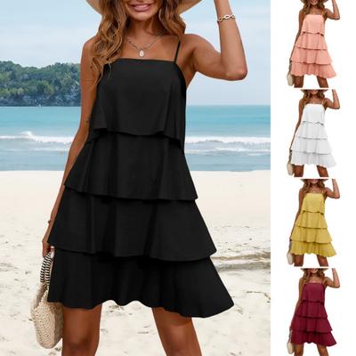 Rochie de vară mini pentru femei, cu bretele spaghete, cu volane, în straturi, linie A, fără mâneci, rochie de vară pentru club de vacanță, petrecere