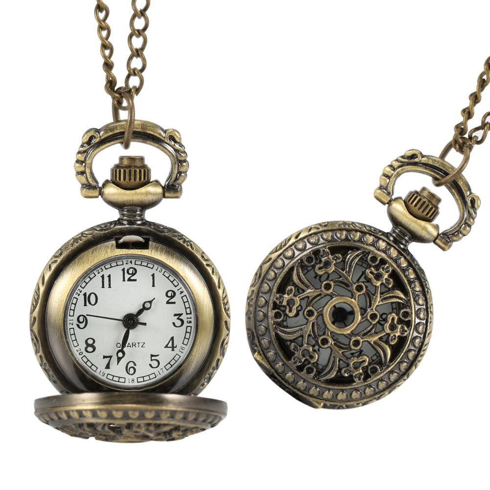 Orologio da tasca moda retrò per uomo donna, bronzo, quarzo, lega, cassa cava con ingranaggi scolpiti, con catena