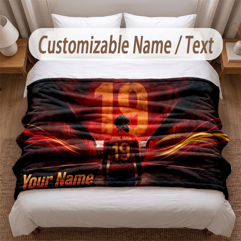 Lamine Yamal Printed Flannel Blanket Custom Name Text Soft Warm Throw For Bedroom Holiday Gift