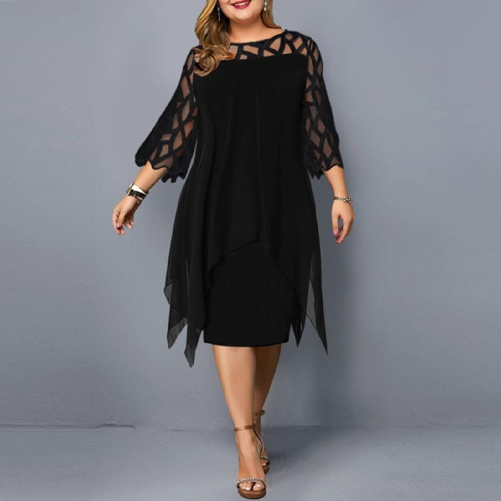 

European And American Lace-trimmed Three-quarter Sleeve Chiffon Dress With Asymmetrical Hem L чорний
