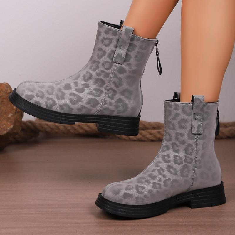 Fashion Leopard Print New Round Toe Square Heel Versatile Classic Women's Mid-leg Boots