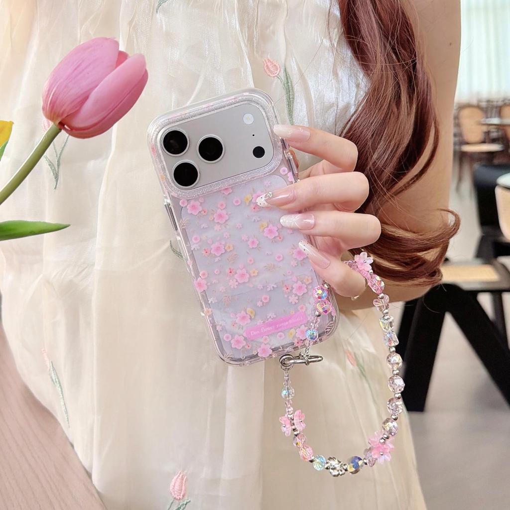Aesthetic Pink Floral iPhone Case with Chain for Models 13-17 Pro Max