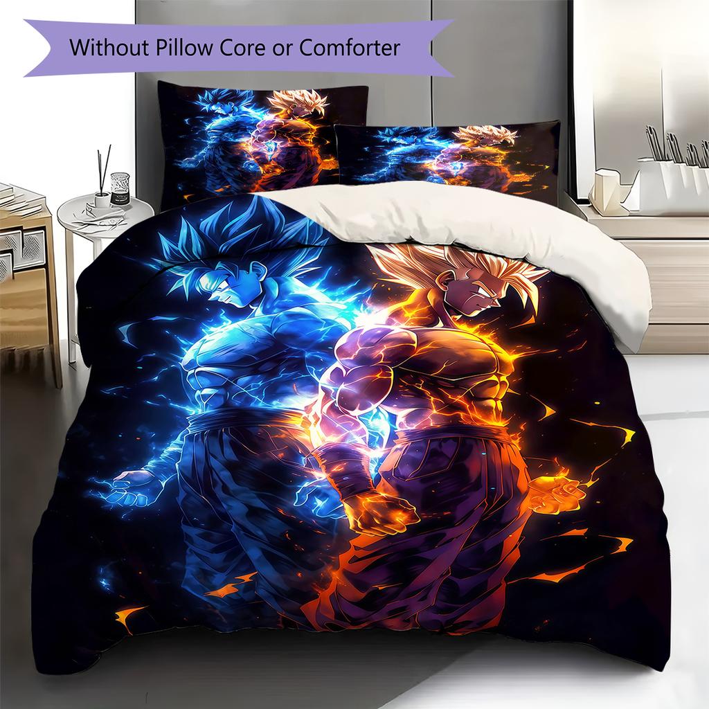 Ropa de cama con estampado de Son Goku, Juego de colcha, Funda de colcha, Funda de almohada, Regalo de cumpleaños para el hogar (1 * funda nórdica + 2 * fundas de almohada, sin núcleo)