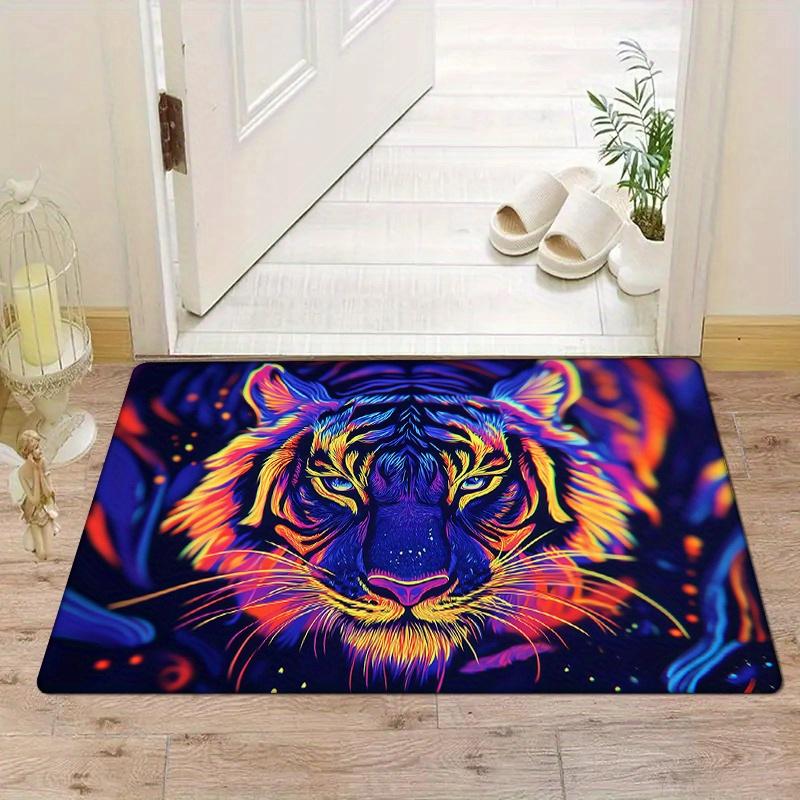 Flannel Thickness 0.47inch - 1pc Neon Tiger Pattern Door Mat, Colorful Neon Lines, Tiger Image, Modern Art Style Printed Non-Sli