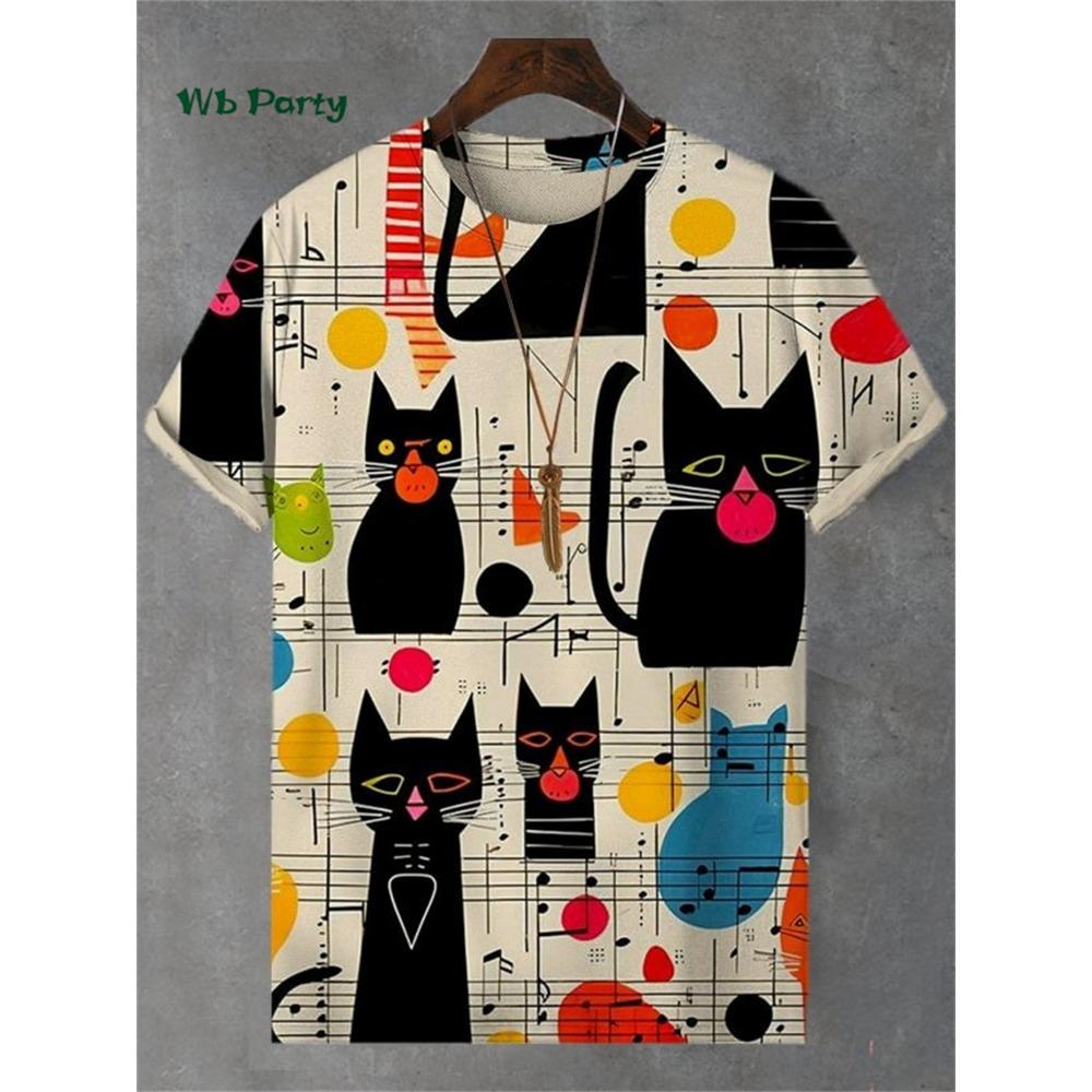 Men's Funny Cat Print T-shirt, Fashionable Personality Short Sleeve T-shirt, Plus Size Tops For Party And Street, Men's Casual Summer Clothing