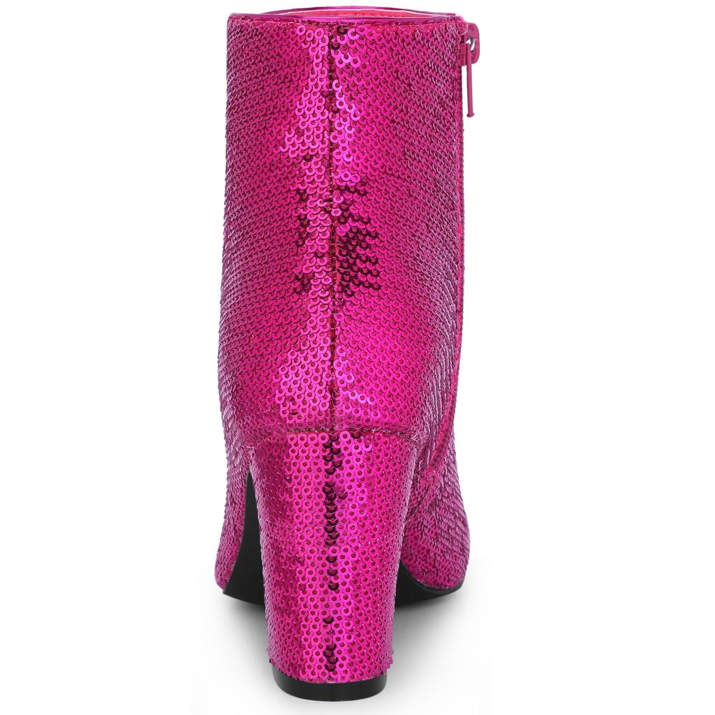 Allegra K Women's Round Toe Sequin Block Heel Ankle Boots, Hot Pink, Size 24.5cm