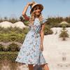 Dámská móda Léto Jaro Květinový potisk Neformální šaty s krátkým rukávem do O-výstřihu a vysokým pasem