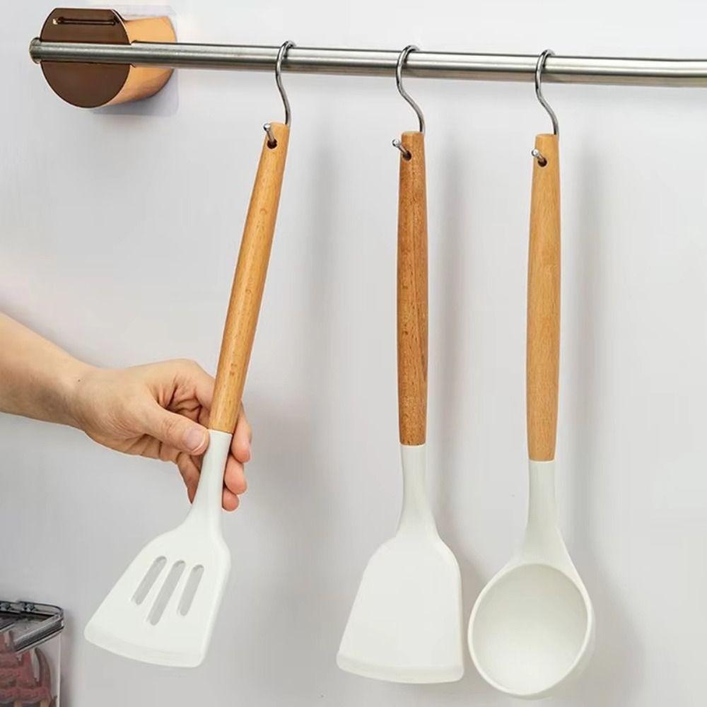 3Pcs Wooden Handle Silicone Spoon Shovel Heat Resistant Pot Spatula Set  Home Cooking