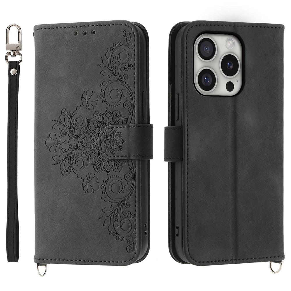 For iPhone 16 Pro Leather Case Multiple Card Slots Phone Cover with 2 Straps
