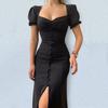 Puff Short Sleeve Shirring Single Breasted Split Hem Lady Dress Summer Solid Color Square Collar Midi Dress Streetwear