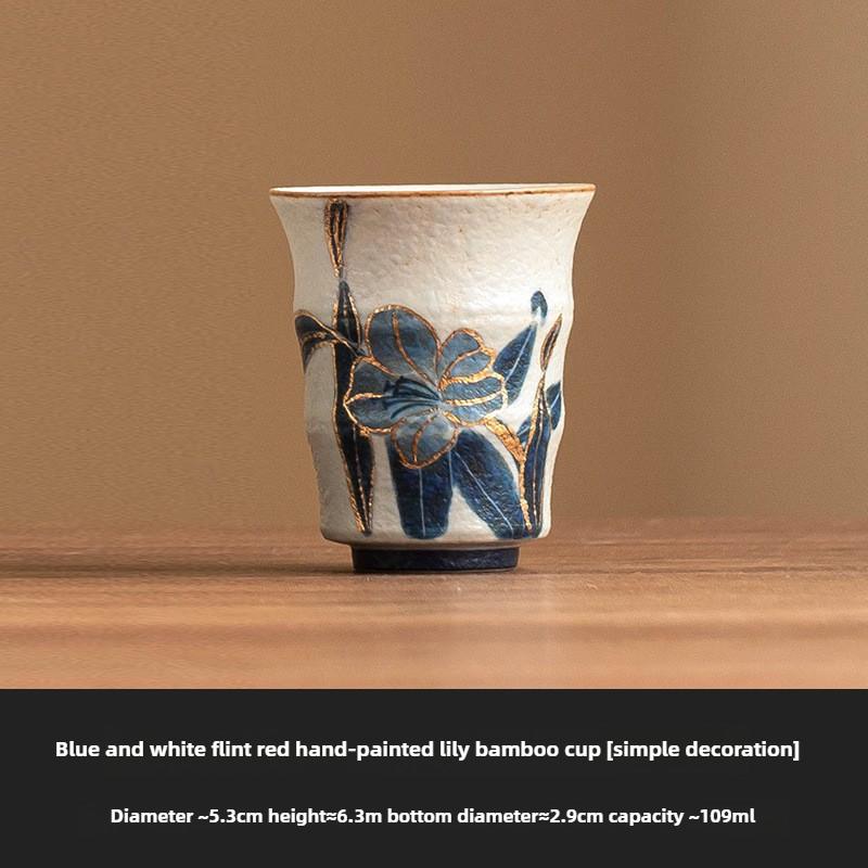 Hand-Painted Lily Bamboo Teacups Blue and White Flint Ceramic Master Cups Household Drinking Cup Chinese Kung Fu Tea Set Bowls