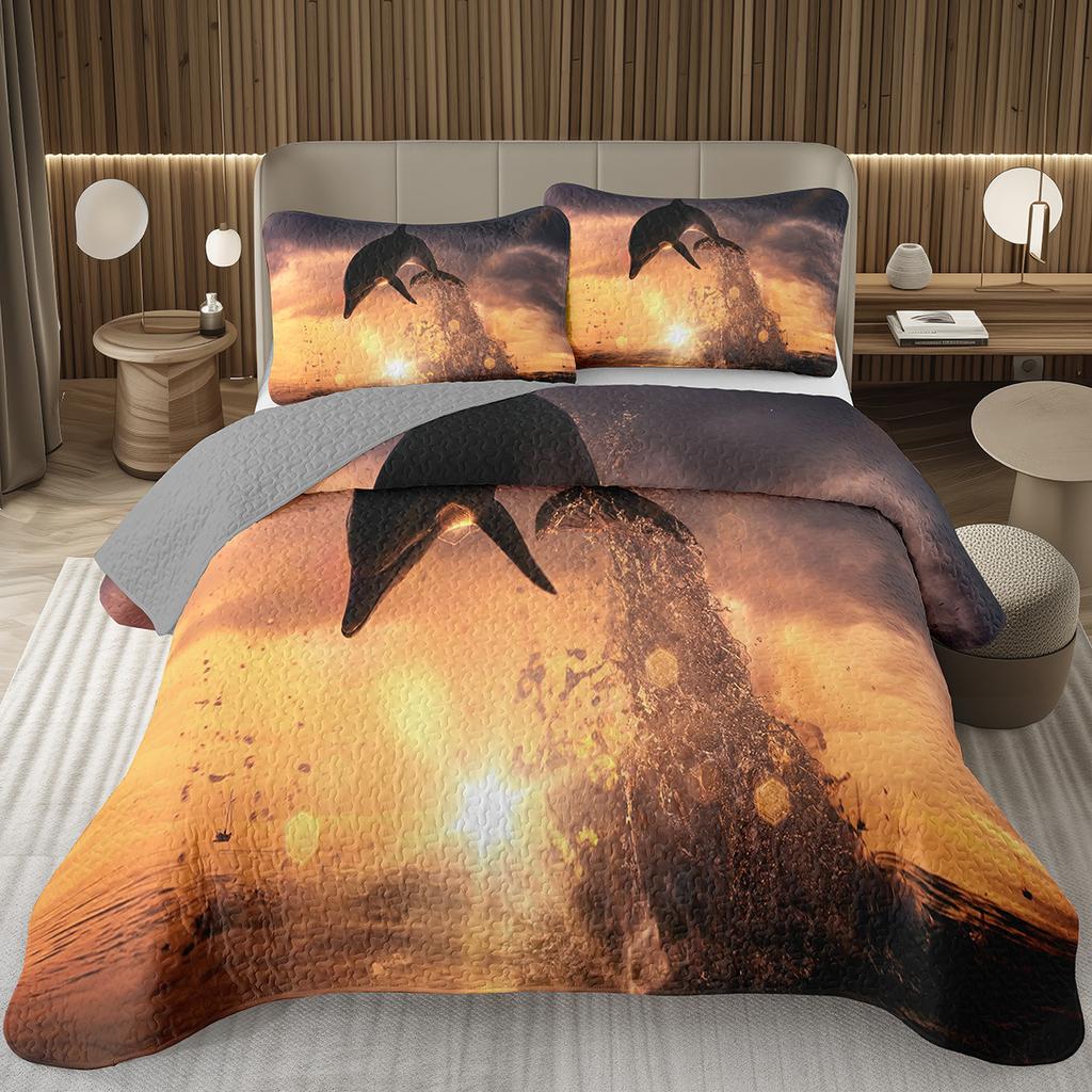 Cute Dolphin Bedspread Twin/King Reversible Grey Quilted Coverlet Ocean Animal Bedding Set 2/3 Pieces Soft Lightweight Quilt Set