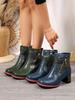 Damen Casual Lederstiefel im Ethno-Stil 2024 Winter Retro Splicing Blockabsatz Damenschuhe Hochhackig Kurz Mode Botas