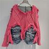 Women Irregular Do Old Pullover Patchwork Pockets Design Vintage Washed Denim Sweater