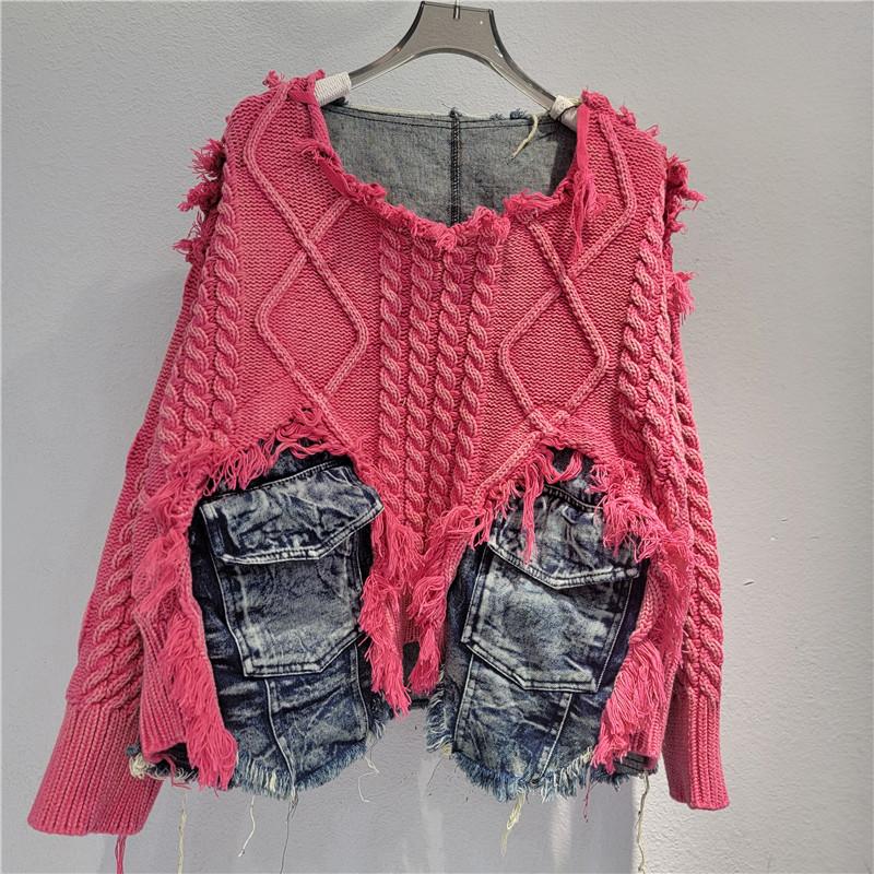 Women Irregular Do Old Pullover Patchwork Pockets Design Vintage Washed Denim Sweater
