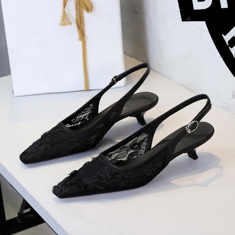 European Lace Mesh Thin Heel Low Heel Single Shoes For Women With One-Liner Straps To Cover The Head Hollow Pointy Women's Shoes