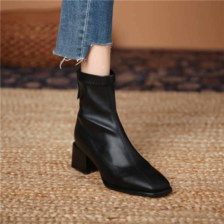 Women's White Mid-Calf Chunky Heeled Ankle Boots - Autumn/Winter 2025 French Style, Slimming, Medium Heel, Square Toe.