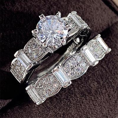 Luxury Female Big Geometric Ring Sets Silver Color Engagement Rings For Women Charm Square Zircon Stone  Wedding Ring