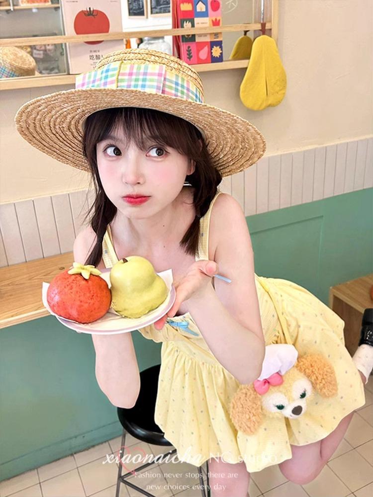 Dopamine yellow suspender dress female sweet small holiday wind polka dot bud skirt waist fluffy skirt summer S жёлтый