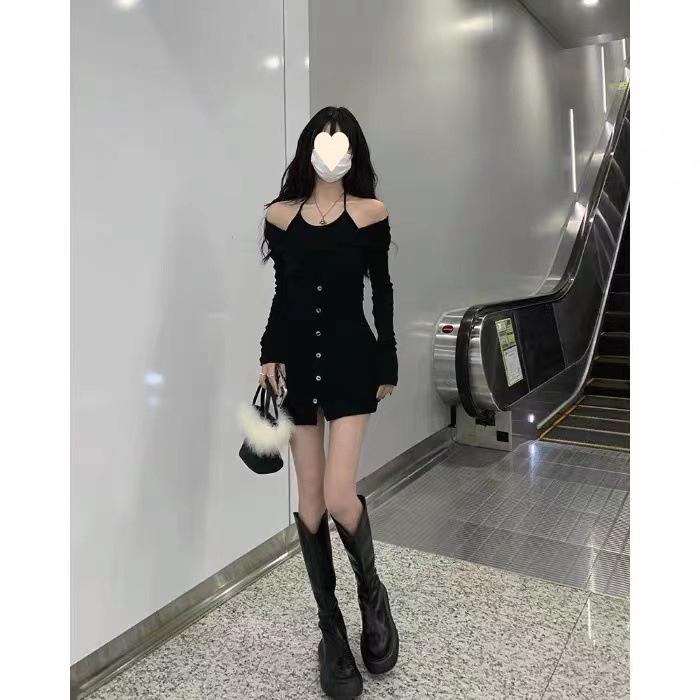 Fake Two Spice Girls Black Suspender Dress Women's Autumn New Pure Desire Slim and Thin Hip Skirt
