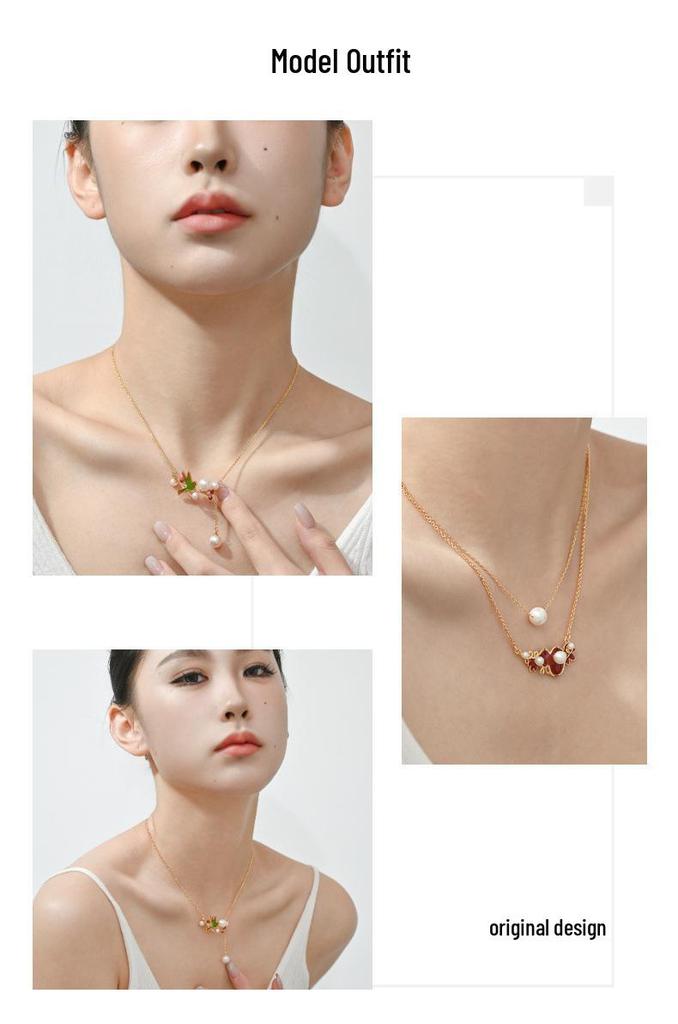Elegant Bird & Berry Cloisonné Enamel Pearl Necklace with Tassel