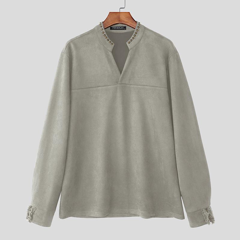 INCERUN Spring Men Stand Neck Long Sleeve Beading Casual Pullover T-shirts Tops