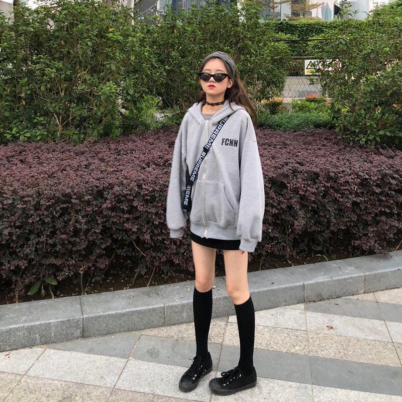 2022 Autumn/Winter Women's Korean Style Letter Print Fleece Zip-Up Hooded Cardigan