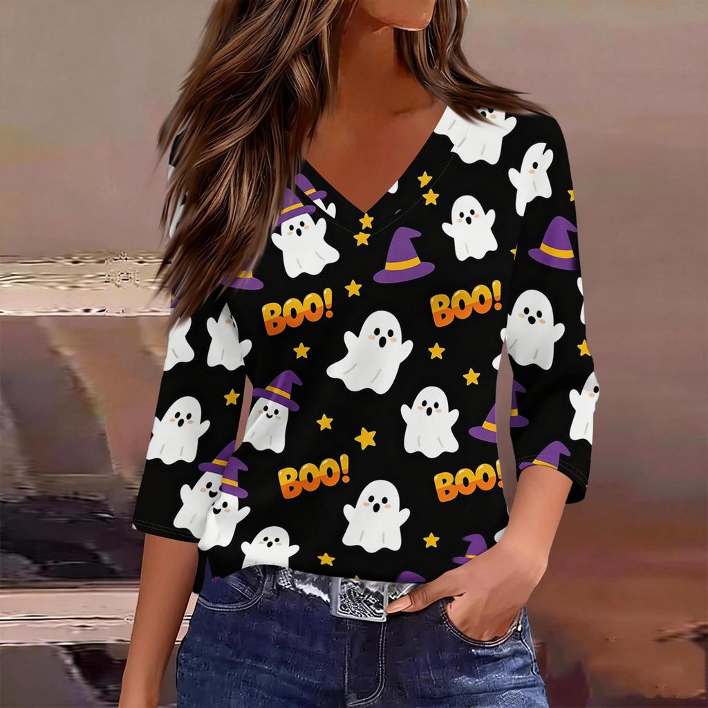 Damen Freizeit V-Ausschnitt Dreiviertelarm Oberteil Halloween Kürbisdruck Leichte Bluse für Herbst und Alltag