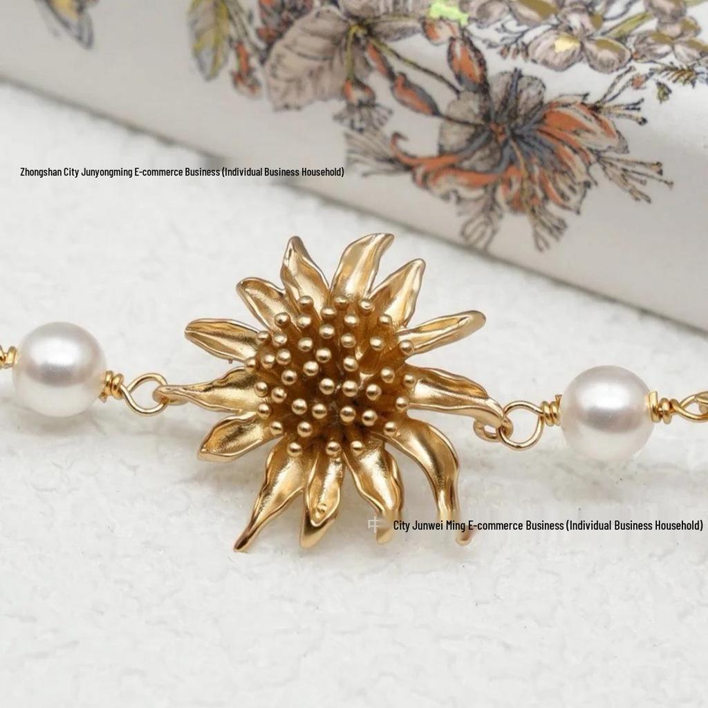 Sunflower Patchwork Pearl Bracelet & Earrings Set with Letter CD Design.