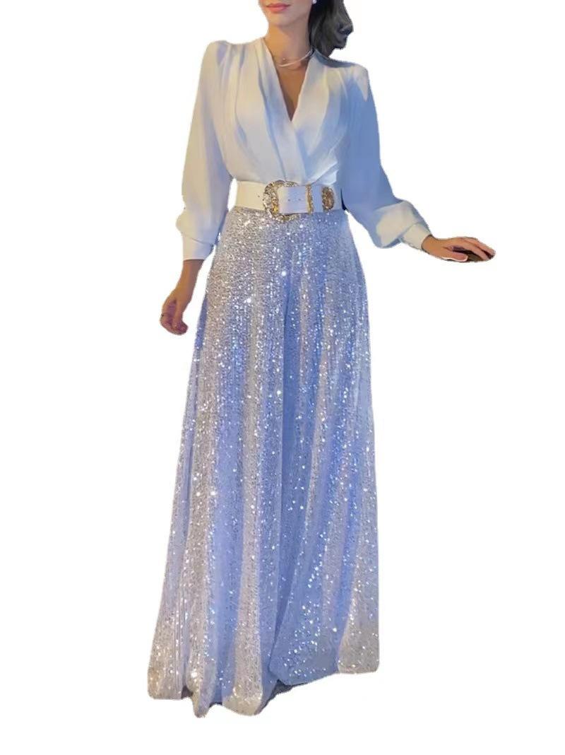

European and American long-sleeved temperament elegant waist and thin deep V-neck wide-leg pants set does not include belt S белый