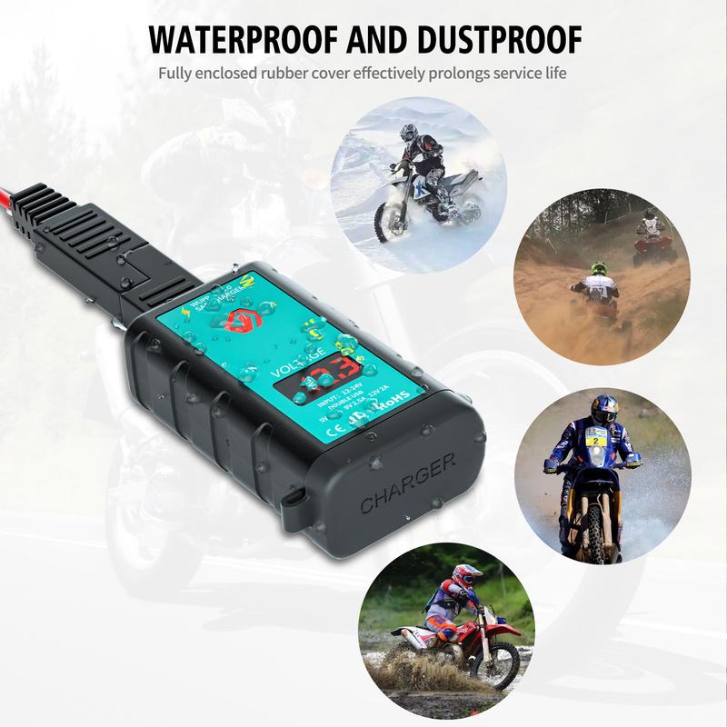 3.4A Motorcycle Fast Charging Dual USB Port Charger SAE To USB Type-C Voltmeter ON/Off Switch Waterproof Quick Disconnect Plug