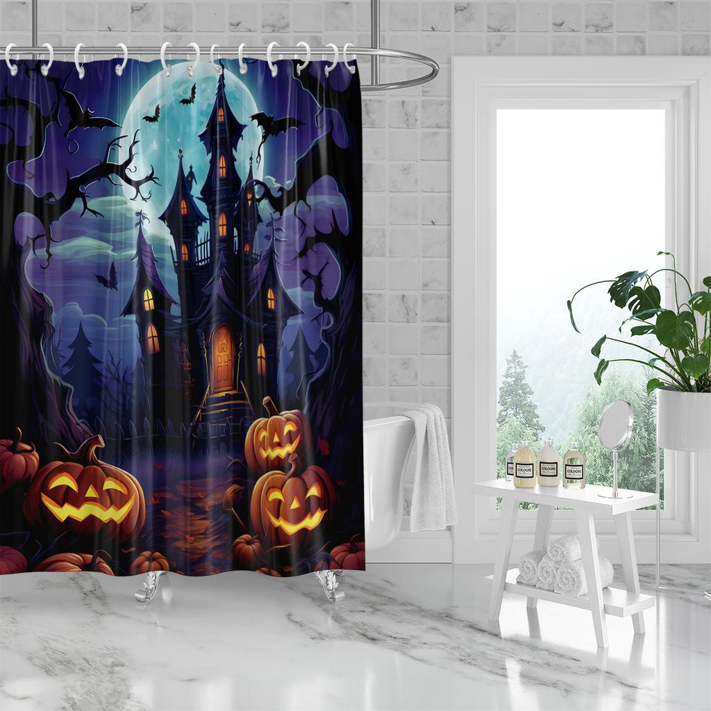1 Piece Of 180X180Cm Shower Curtain With Halloween Castle Pumpkin Pattern Printed Partition Bathroom Waterproof And Mildew Proof