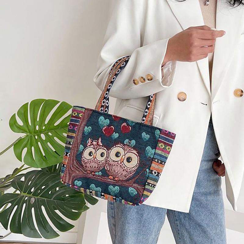 Ethnic Style Handbag Trendy Animal Embroidery Handbag Canvas Women Shoulder Bags Women Grocery Storage Pouch