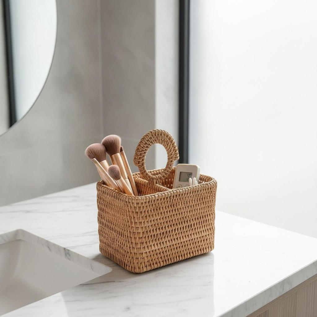 Rattan Desktop Storage Basket Divided for Bathroom Counter