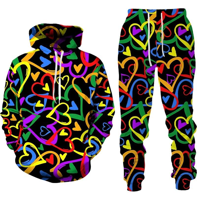 Men Hoodies 3D Print Sweet Love Heart Men Tracksuit Sets Fashion Casual Hoodie Pants Two Piece Set Men Sweatshirt Clothing Sets