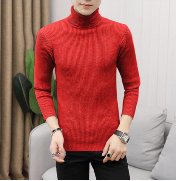 Men's Solid Color High Neck Slim Fit Striped Knit Sweater